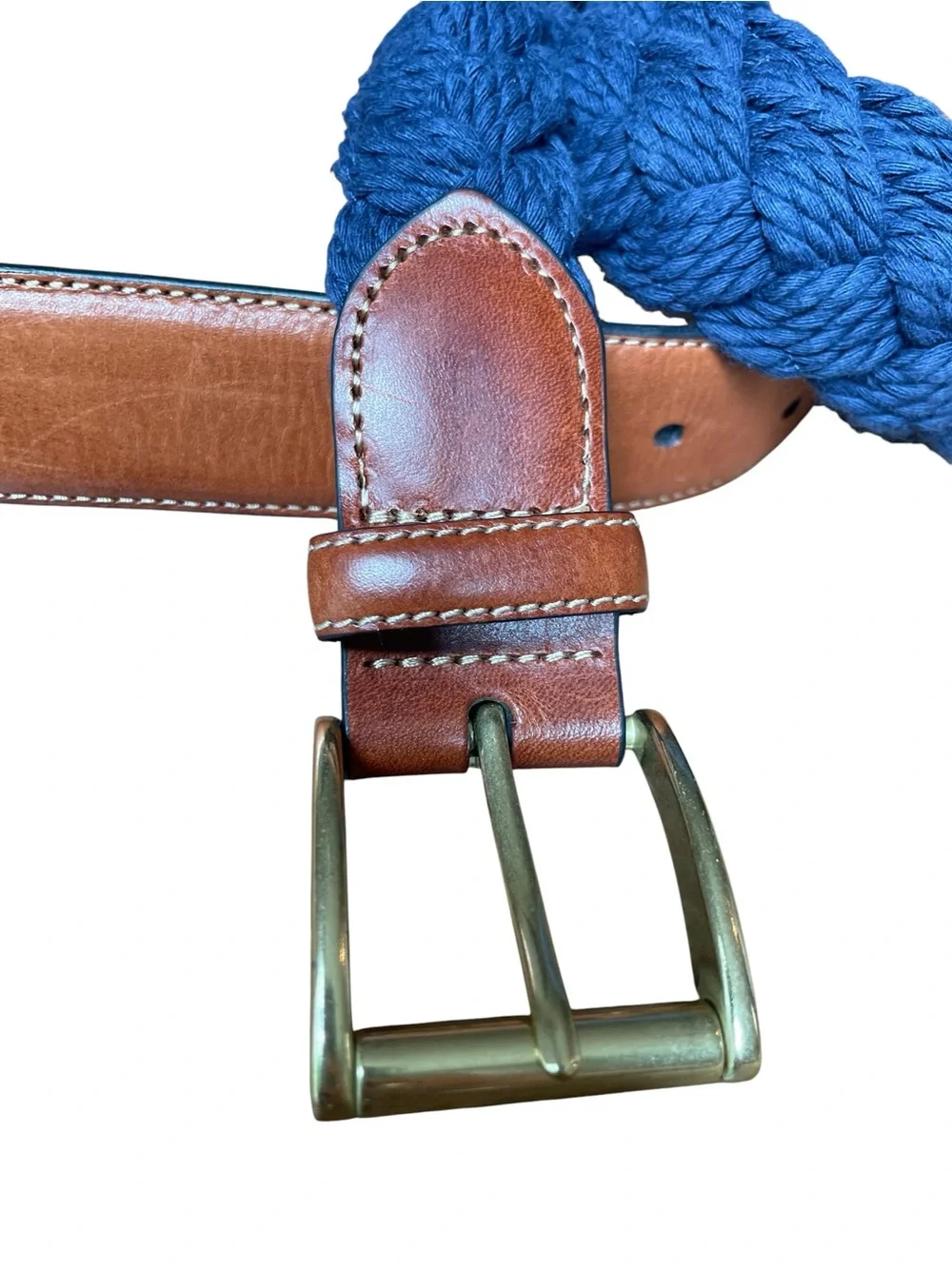Jos A Bank Woven Leather Cotton Belt Men’s Sz 36 Blue Brown Golf Casual Denim